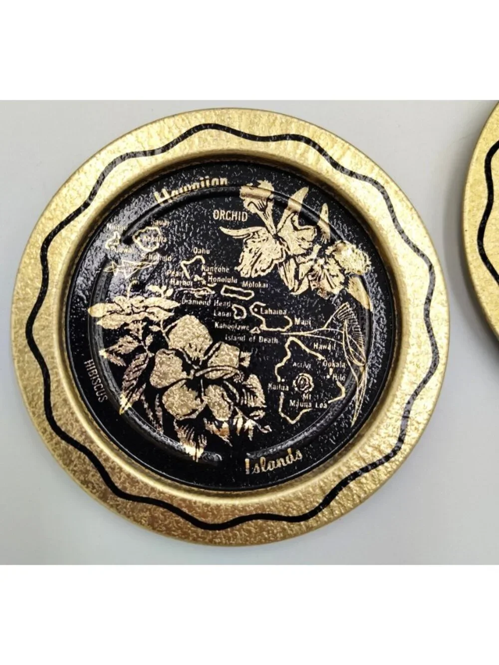 Hawaii Souvenir Metal Coaster Set 6 Vintage Gold Black Orchid Island Map 3.5